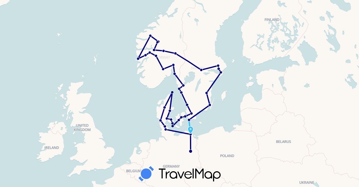 TravelMap itinerary: driving, boat in Germany, Denmark, Norway, Sweden (Europe)