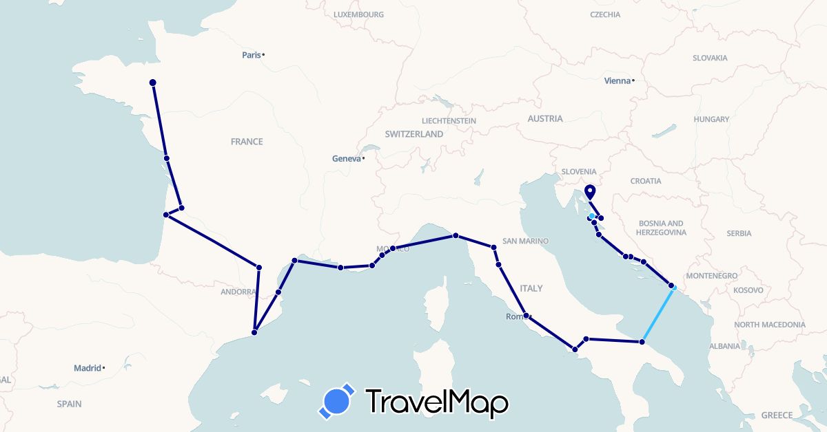 TravelMap itinerary: driving, boat in Spain, France, Croatia, Italy, Monaco (Europe)